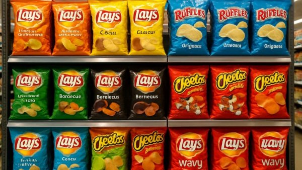 Supermarket aisle showcasing colorful range of potato chips packages.