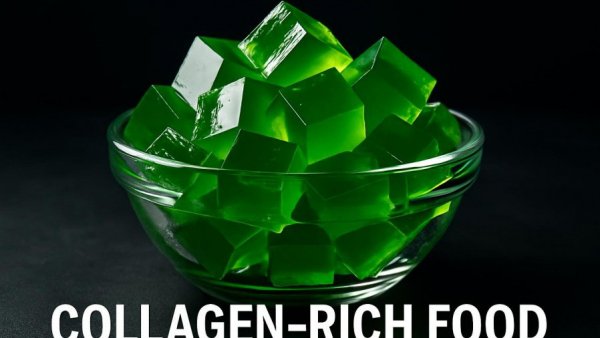 Collagen-rich fruits for health illustration with green cubes.