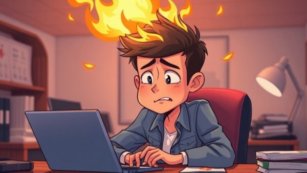 Cartoon of stressed man with flames above head symbolizes burnout causes.