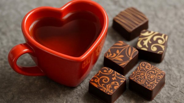 Heart-shaped red mug of tea with chocolates, highlighting flavanols and heart health.