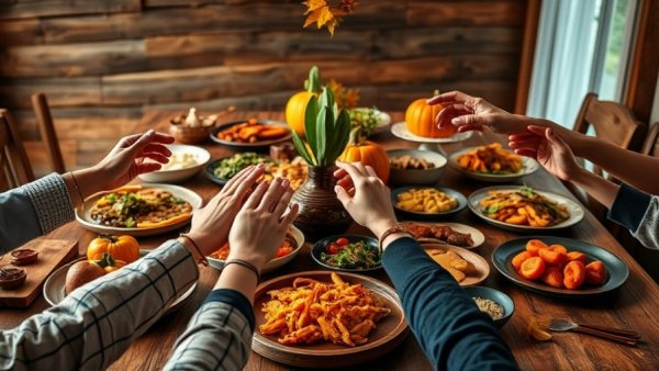 Thanksgiving feast in Atlanta restaurants 2025, vibrant plates and hands reaching
