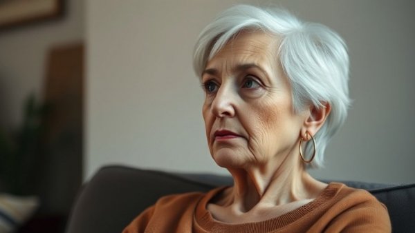 Elderly woman with gray hair and sweater, thoughtful expression