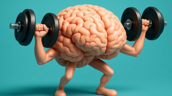Creative brain lifting dumbbells, symbolizing muscle mass and brain health.
