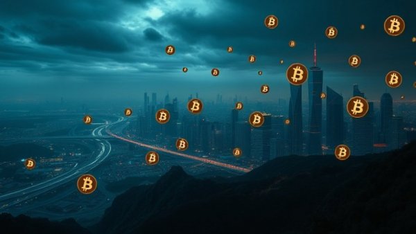 Cryptocurrency symbols in a digital landscape showing environmental impact.
