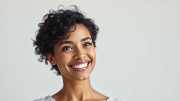 Smiling woman representing community trust in a modern graphic design.