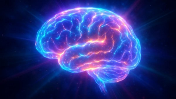 Luminous brain with radiating colors symbolizing low choline levels and brain health.