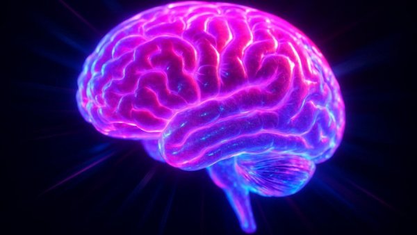 Vivid holographic brain in neon hues representing spermine in Alzheimer's treatment.