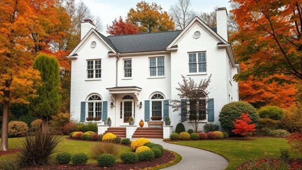 Buckhead luxury real estate showcase: elegant white brick house with autumn backdrop.