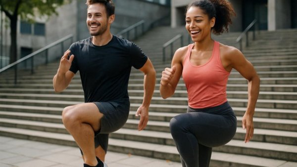 Man and woman practicing high knees to boost speed and power.