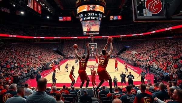 Exciting Atlanta Hawks vs. Cleveland Cavaliers match, vibrant court action.