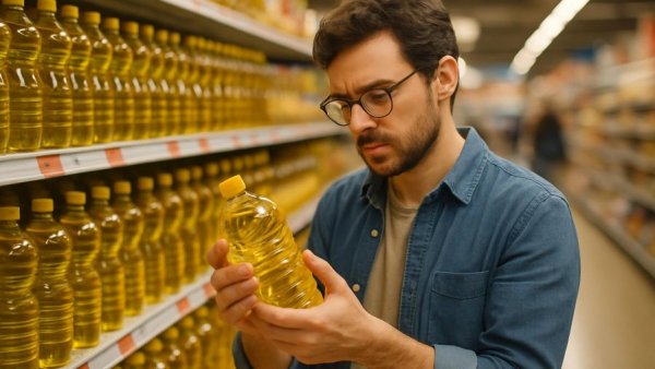 Close-up of a person holding a soybean oil bottle in a grocery aisle.