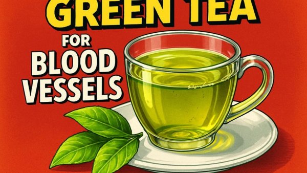 Green tea cup promoting muscle restoration benefits.