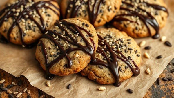 Chocolate-drizzled black sesame cookies on parchment paper.