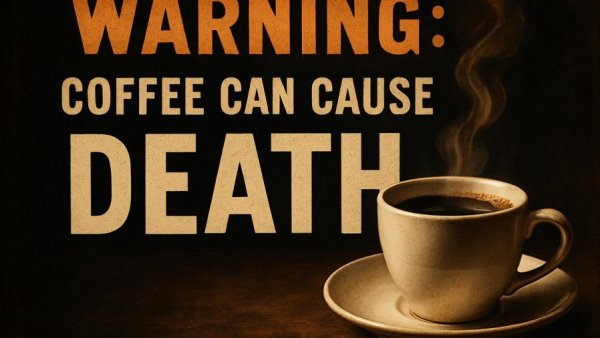 Dramatic warning text with coffee cup advising seniors on coffees to avoid.