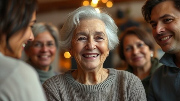 Elderly woman smiling warmly during holiday family visit, assessing senior health.