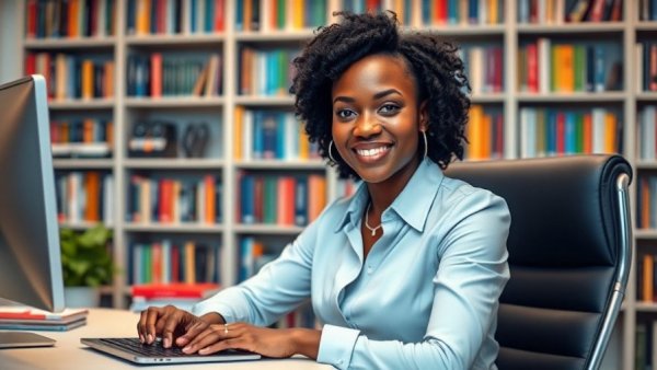 Black woman sitting confidently at desk in office, transforming adversity into opportunity