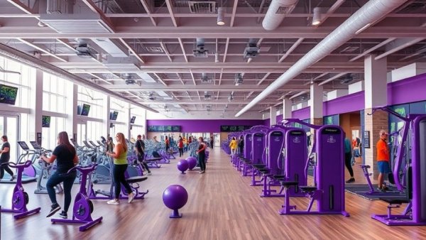 Planet Fitness gym featuring purple equipment and people exercising, reflecting relocation in Atlanta.