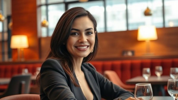 Elegant woman seated in modern lounge, reflecting on HIV awareness journey.