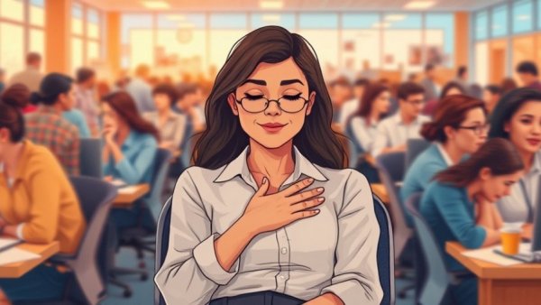 Woman experiencing workplace trauma amidst busy office.