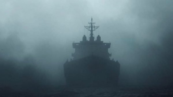 Cargo ship in fog symbolizing modern piracy in global trade.