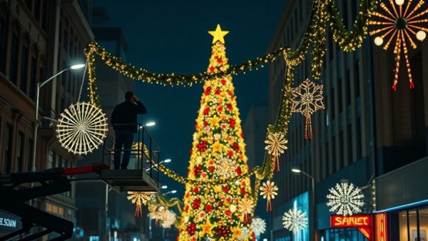 Marietta Square holiday festivities decoration installation at night.