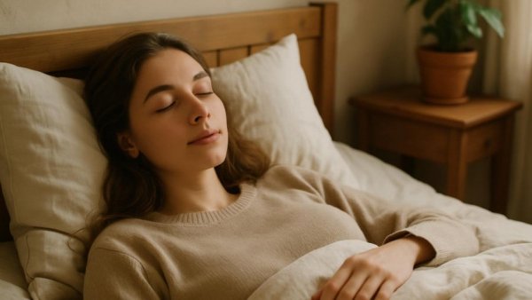 Young woman lying peacefully in bed, related to naturopathy and sleep disorders.