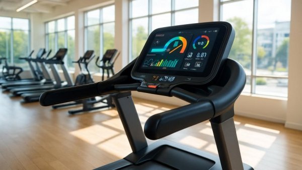 Modern treadmill showing energy use features in gym.