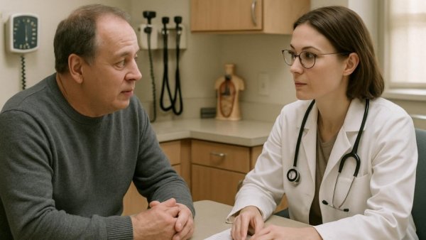 Middle-aged man consulting with doctor about naturopathic approaches to health.