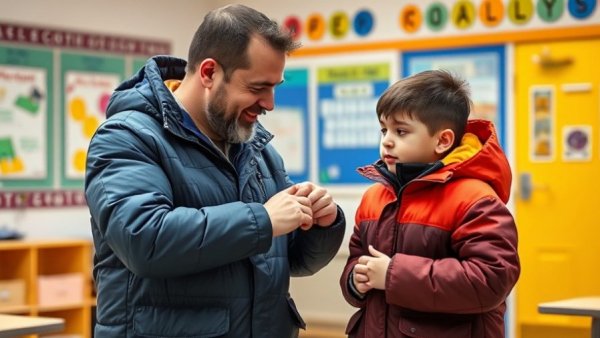 Man helping boy put on coat in school setting during Thomas Breads Operation Warm.
