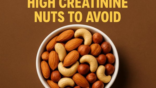 High creatinine nuts to avoid with almonds, cashews, hazelnuts in bowl.