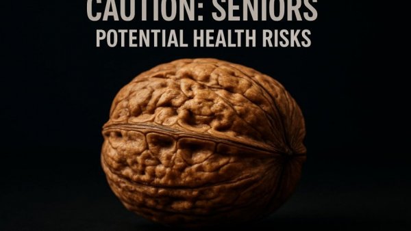 Warning about nuts and seniors health with walnut and bold text.
