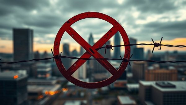 Atlanta's barbed wire ban depicted abstractly with cityscape.