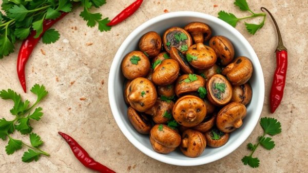 Spicy sautéed mushrooms in white bowl with herbs and spices on stone.