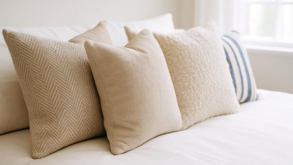 Stylish pillows arranged on bed highlighting pillow buying mistakes.