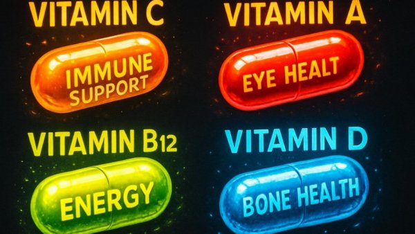 Vitamins for leg circulation highlighted in a bold digital graphic.