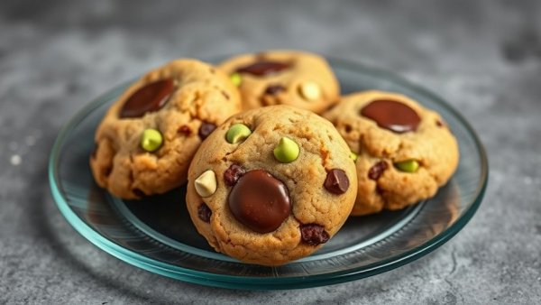 Flourless Pistachio Butter Chocolate Chip Cookies on a glass plate.