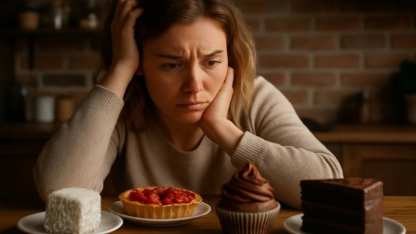 Emotional struggle with food cravings in cozy kitchen setting.