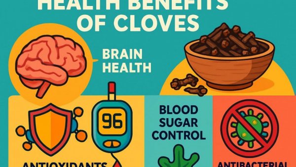 Infographic on health benefits of eating cloves daily, featuring brain and cloves.