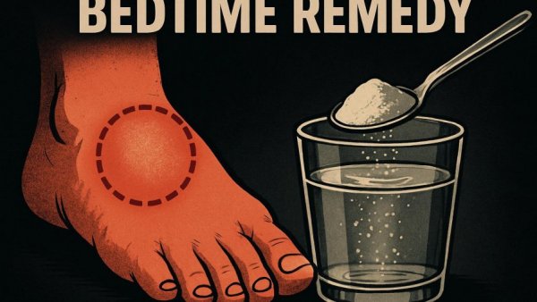 Illustration of a bedtime fix for foot swelling using a spoonful of powder in water.