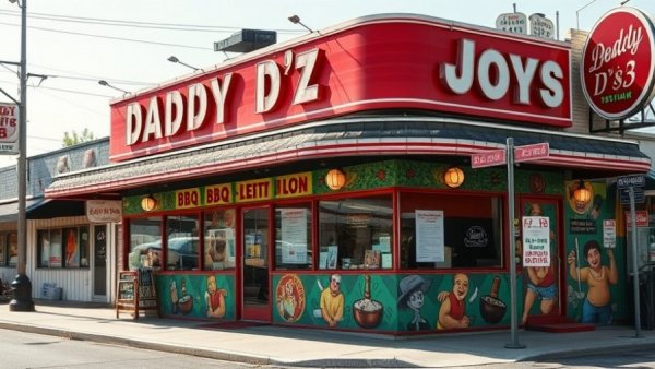 Exterior of Daddy D'z BBQ Joynt before closure, featuring murals.