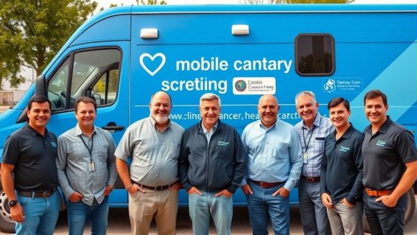 Atlanta Falcons Cancer Screening Initiative mobile van with group of men.