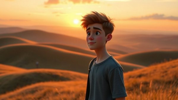 Contemplative young man at sunset, stay kind theme.