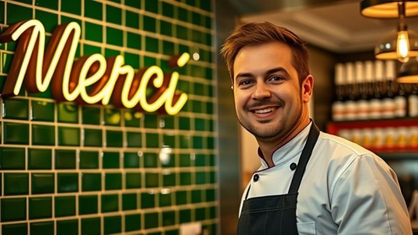 Local Sourcing and Culinary Trends featured through a smiling chef with a neon 'Merci' sign.