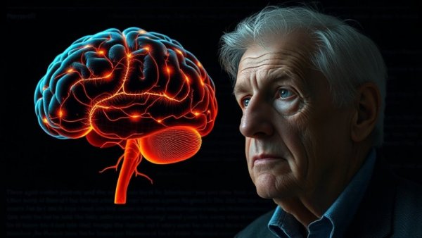 Foods that make brain younger concept with brain illustration and thoughtful man.