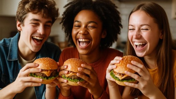 Teenagers enjoying burgers highlighting adolescent eating habits.