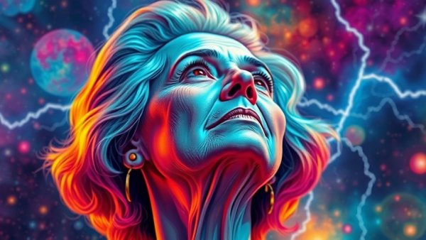 Colorful abstract portrait of an older woman, cosmic background, link between menopause and childhood trauma.