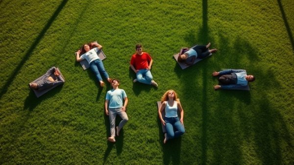 Aerial view of students practicing mindfulness on grass, mandated mindfulness in schools.