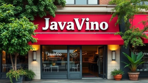 JavaVino Coffee Spot exterior with red awning, daytime.