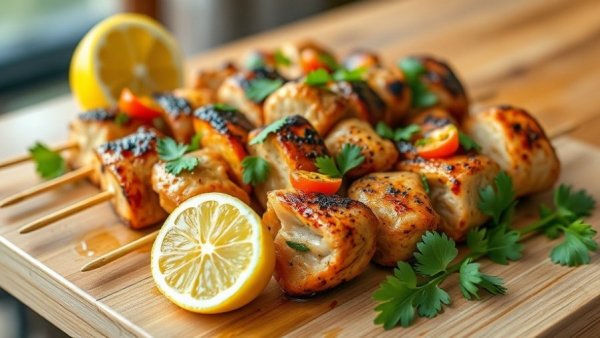 Tasty skewered chicken and vegetables at a top Jewish restaurant in Atlanta.