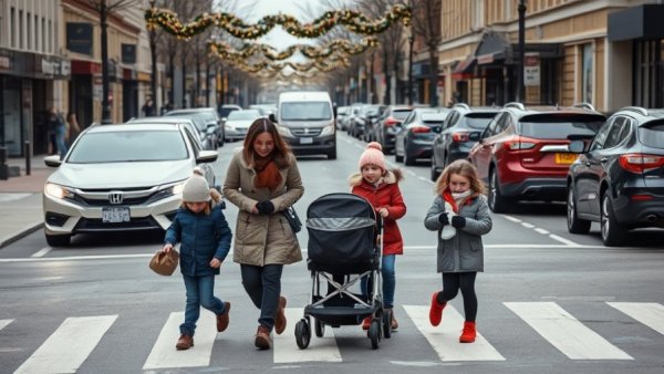 Family crossing street near Marietta downtown parking area